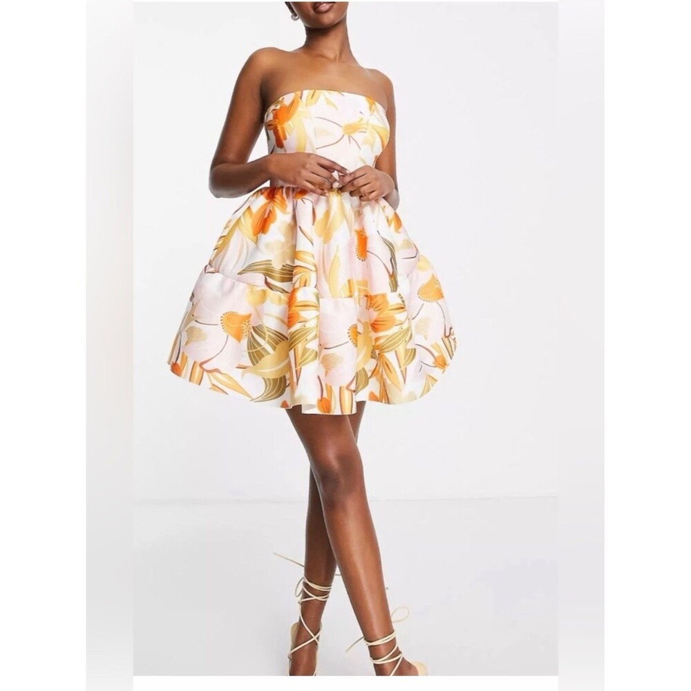 ASOS DESIGN bandeau tiered mini skater dress in yellow floral Size 2